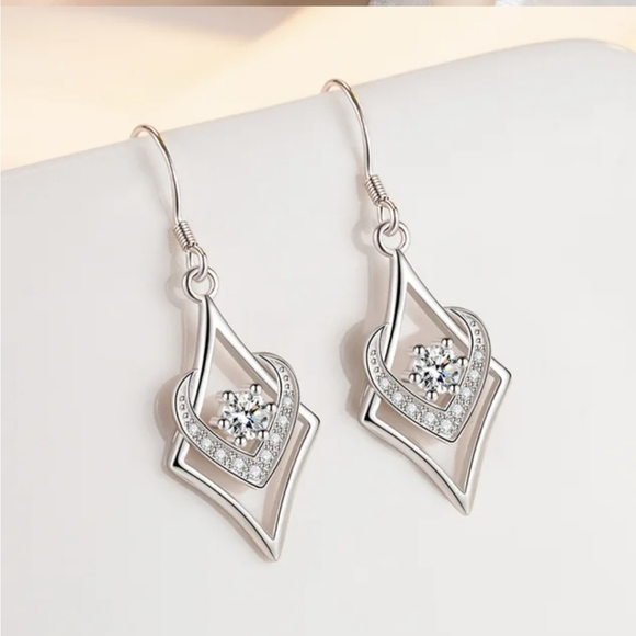 925 Sterling Silver Dangling Earing for Women,Zirconia,DiamondShape, HeartGift, - Picture 2 of 2